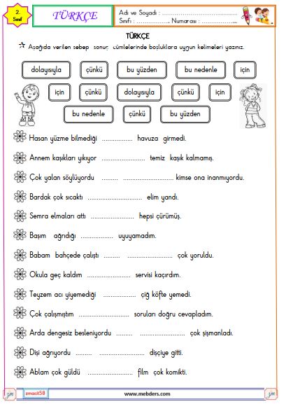 2. Sınıf Türkçe Sebep Sonuç Cümleleri Etkinliği